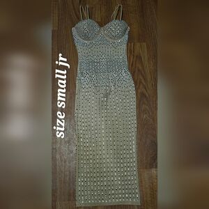 Sequin Embellished Midi Dress in Beige